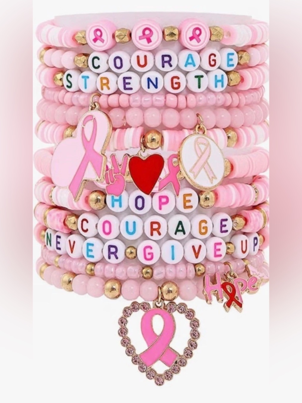 🆕 Pink breast cancer Ribbon Bracelet Stack